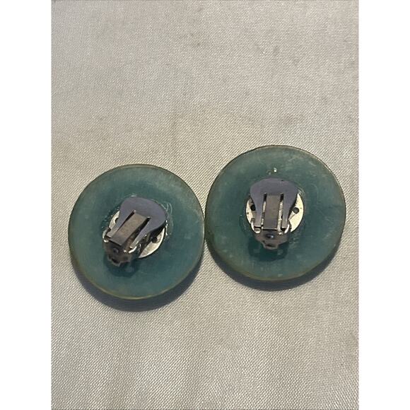 Vintage Lucite Clip On Earrings Blue with Glitter and Rhinestones - Picture 3 of 3